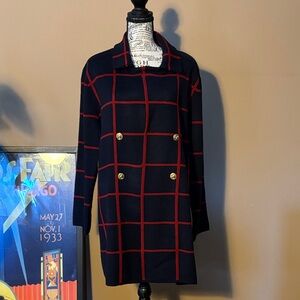 Anne Klein Navy and Red Grid Open-Front Pea Coat-Style Blazer